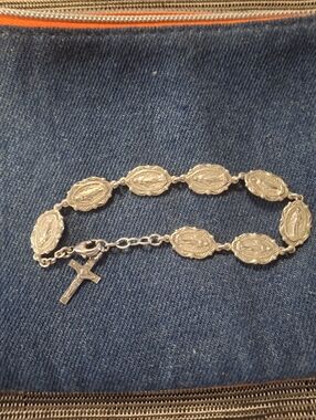 STERLING Silver  Rosary Bracelet with Cross Charm